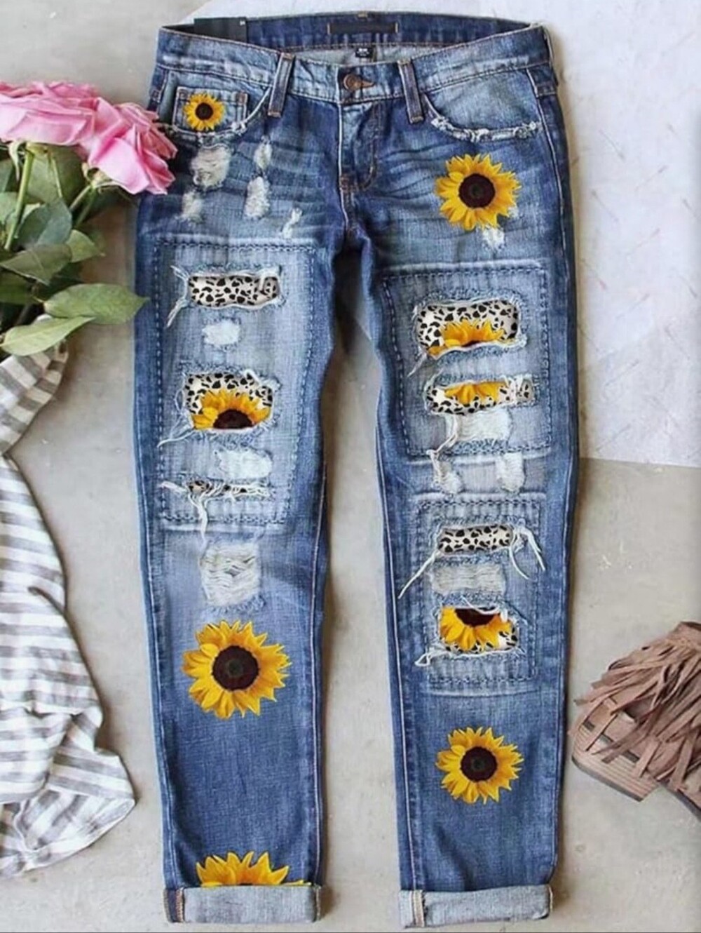 Women’s Sunflower Patch Distressed Blue Jeans